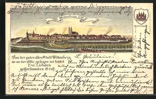 Lithographie Wittenberg / Elbe, Teilansicht 1748, Stadtwappen