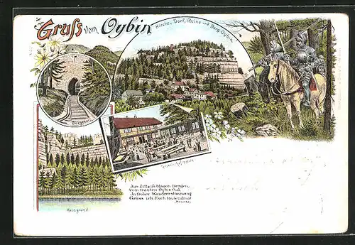 Lithographie Oybin, Gesellschaftsplatz, Kirche, Dorf, Ruine und Berg Oybin, Hausgrund