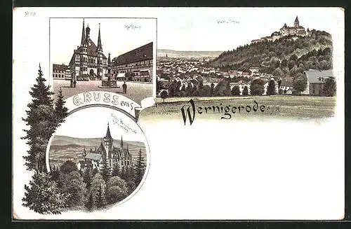 Lithographie Wernigerode, Teilansicht, Schloss Wernigerode v. Agnesberg, Rathaus