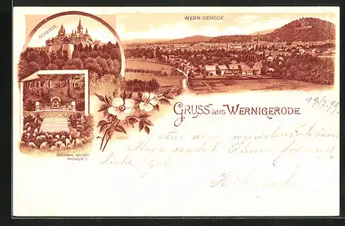 Lithographie Wernigerode, Teilansicht, Schloss, Denkmal Kaiser Wilhelm I.