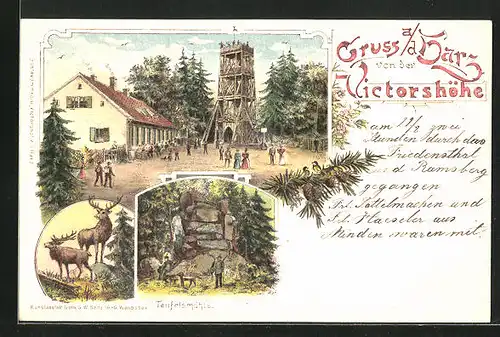 Lithographie Gernrode / Harz, Gasthaus Victorshöhe mit Aussichtsturm, Teufelsmühle, Hirsche
