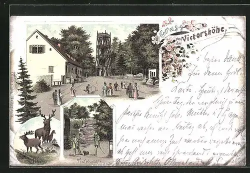 Lithographie Gernrode / Harz, Gasthaus Victorshöhe mit Aussichtsturm, Teufelsmühle, Hirsche