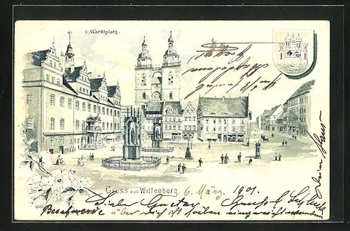 Lithographie Wittenberg, Marktplatz mit Geschäften und Standbildern