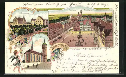 Lithographie Wittenberg, Panorama v. Stadtturm, Lutherhaus, Schlosskirche