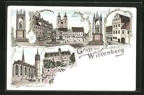 Lithographie Wittenberg, Lutherhaus, Melanchton-Denkmal, Markt