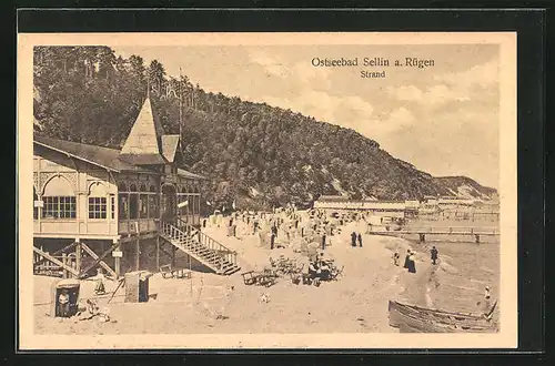 AK Sellin a. Rügen, Strand mit Badegästen und Bootshäusern