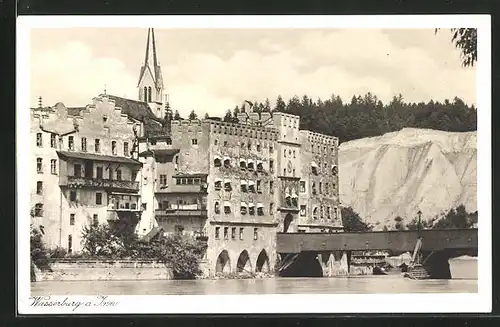 AK Wasserburg a. Inn, Blick auf die Burg mit Brücke