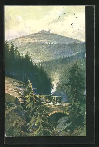 AK Brocken, Bergbahn fährt über die Brücke aus der Vogelschau