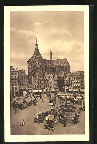 AK Rostock, Markttag auf dem Neuer Markt aus der Vogelschau