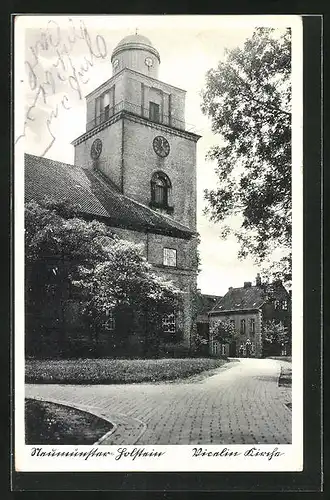 AK Neumünster, Blick auf die Vicelinenkirche im Sonnenschein