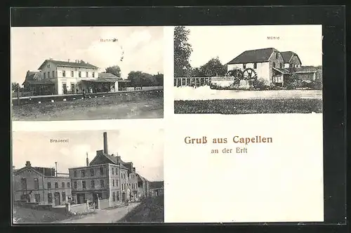 AK Capellen an der Erft, Bahnhof mit Passagieren, Mühle, Brauerei