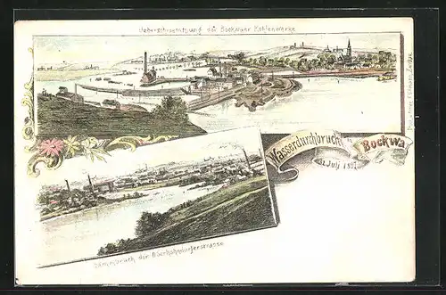 Lithographie Bockwa, Überschwemmung der Bockwaer Kohlenwerke 1897, Dammbruch der Oberhohndorferstrasse, Hochwasser