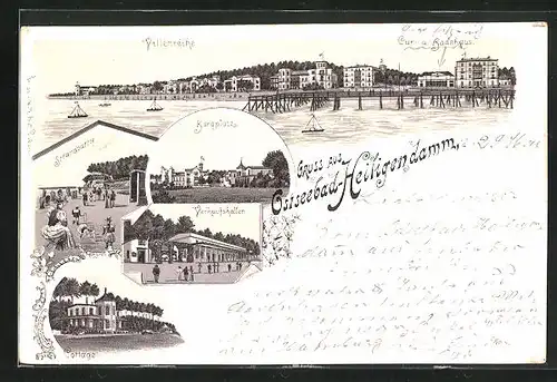 Lithographie Heiligendamm, Kur- und Badehaus und Villenreihe mit Segelbooten, Verkaufshallen, Strandpartie