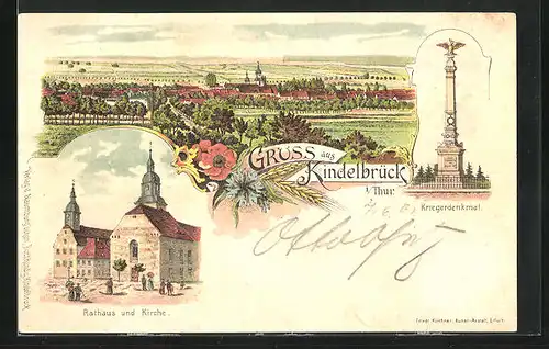 Lithographie Kindelbrück / Thüringen, Rathaus mit Kirche, Kriegerdenkmal, Gesamtansicht