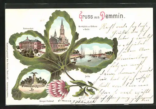 Passepartout-Lithographie Demmin, Hafen mit Booten, Knabenschule, Marktplatz mit Kirche, Sicht durch ein Kleeblatt