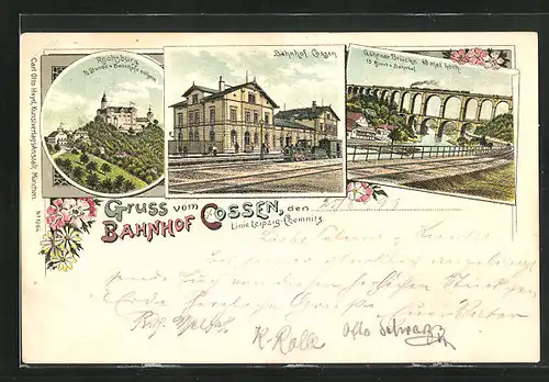 Lithographie Cossen, Bahnhof mit Dampflok, Rochsburg, Göhrener Brücke