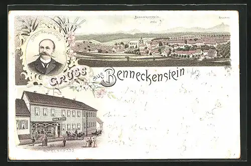 Lithographie Benneckenstein / Harz, Panorama mit Hotel Herzog, Portrait Adolph Herzog