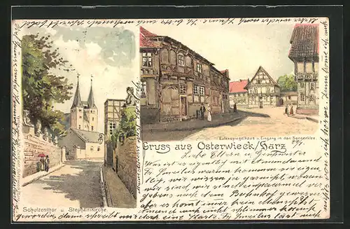 Lithographie Osterwieck / Harz, Eulenspiegelhaus und Eingang in den Sonnenklee, Stephanikirche und Schulzentor