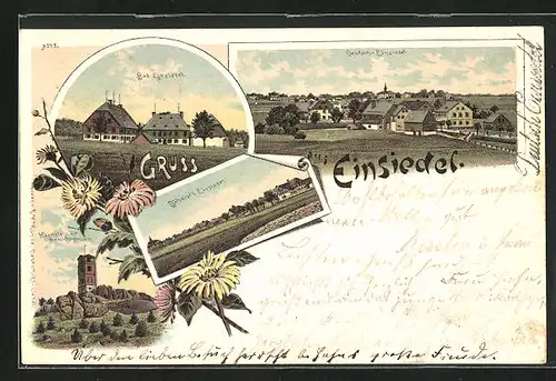 Lithographie Einsiedel, Kurhaus, Haselstein mit Aussichtsturm, Deutsch-Einsiedel