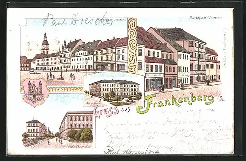 Lithographie Frankenberg i. S., Humboldtstrasse, Marktplatz, Bürgerschule
