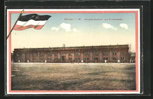 AK Minden i. W., Artillerie-Kaserne am Simeonsplatz mit Reichsfahne