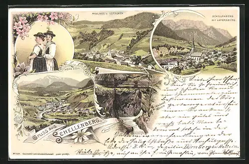 Lithographie Schellenberg, Panorama mit Untersberg, Almbachklamm, Mahlweg und Götschen