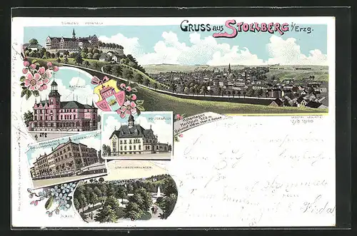 Lithographie Stollberg i. Erzg., Postgebäude, Rathaus, Relaschule, Steinbruchanlage