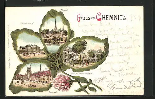 Passepartout-Lithographie Chemnitz, Central Bahnhof, Hauptmarkt, Börse, Becker-Denkmal