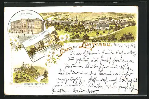 Vorläufer-Lithographie Lunzenau, 1893, Schulhaus, Vogel`sche Fabrik, Schloss Rochsburg