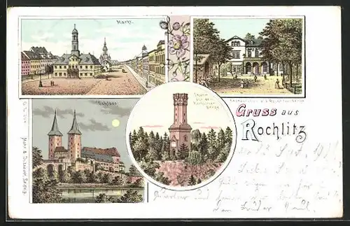 Lithographie Rochlitz, Markt, Restauration a. d. Rochlitzer Berge, Schloss, Thurm auf dem Rochlitzer Berg