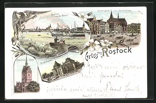 Lithographie Rostock, Neuer Markt und Marienkirche, Kröpeliner Tor, Flusspartie