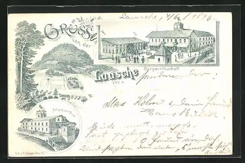 Lithographie Lausche, Gasthaus Bergwirtschaft, Aufgang zum Turm