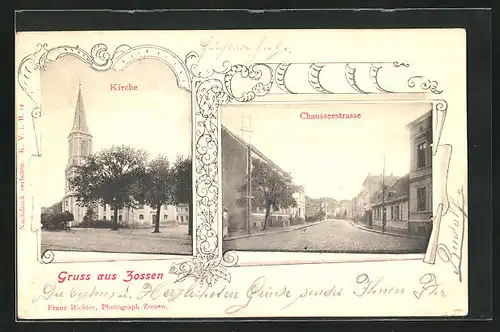 AK Zossen, Kirche, Blick entlang der Chausseestrasse