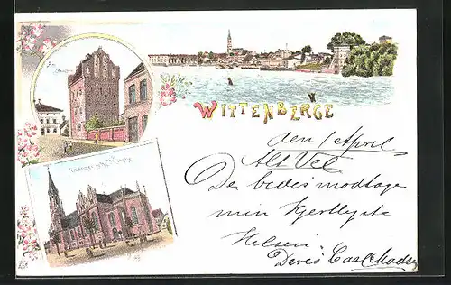 Lithographie Wittenberge, Evang. Kirche, Strasse Am Steinthor, Flusspartie mit Stadtkern
