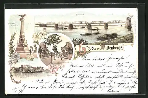 Lithographie Wittenberge, Elbbrücke, Lenzener Strasse, Hafen