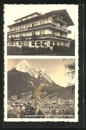 AK Mittenwald / Obb., Hotel Erdt, Ortsansicht mit Wetterstein