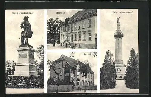 AK Fehrbellin, Rathaus, Postamt, Kurfürstendenkmal, Schlachtendenkmal