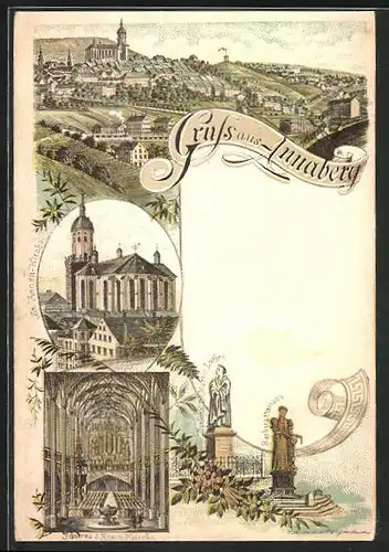 Lithographie Annaberg, St. Annen-Kirche, Innen- und Aussenansicht