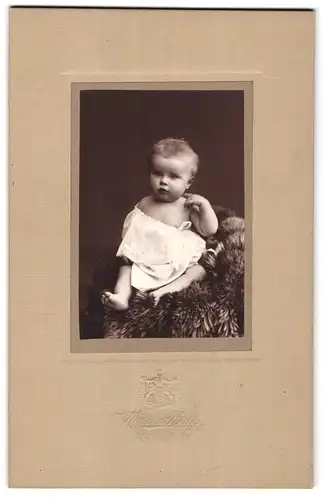Fotografie Martin Balg, Berlin-C, Königstrasse 34, Portrait niedliches Kleinkind im weissen Hemd auf Fell sitzend