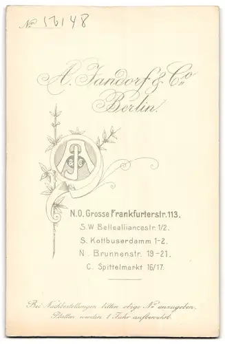 Fotografie A. Jandorf & Co., Berlin-NO, Grosse Frankfurterstrasse 113, Portrait junger Herr im Anzug mit Krawatte