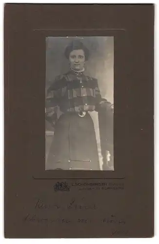 Fotografie L. Schönberger, Nürnberg, Ludwigstrasse 54, Portrait junge Dame in karierter Bluse und Rock