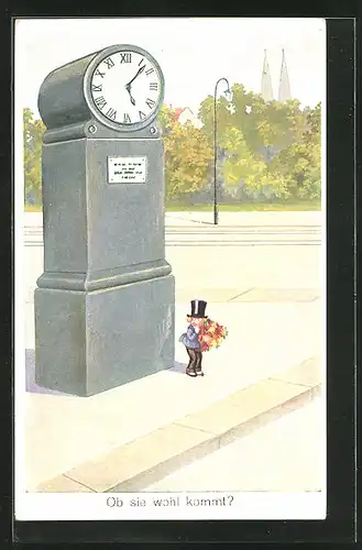 AK Kind mit Blumenstrauss und Zylinder an Uhr