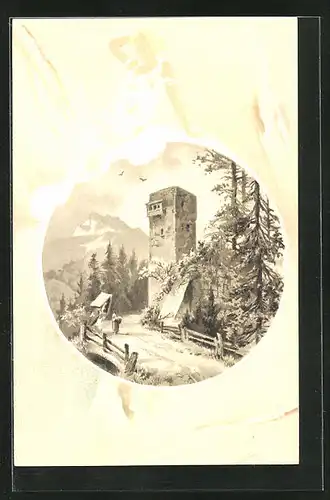 Präge-Lithographie Der Weg zur Burg, Jugendstil