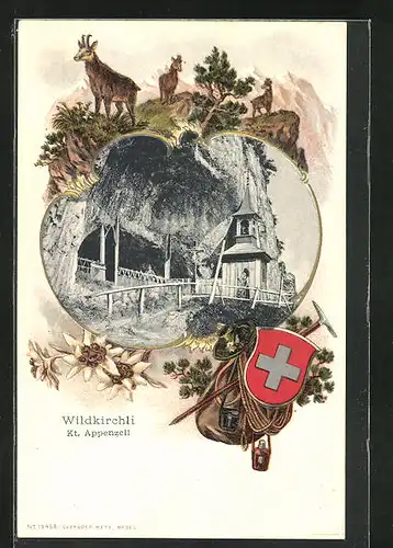 Passepartout-Lithographie Wildkirchli, Felskirche, Wappen, Steinbockgruppe