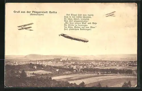 AK Gotha, Zeppelin und Flugzeuge über der Stadt