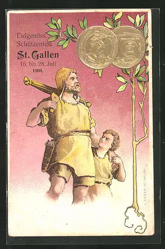 AK St. Gallen, Eidgenössisches Schützenfest 1904, Mann in Kutte mit Kind und Armbrust, Schützenverein