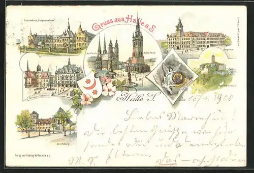 Lithographie Halle a. S., Gasthaus Ratskeller und Rathaus, Krankenhaus Bergmannstrost, Moritzburg