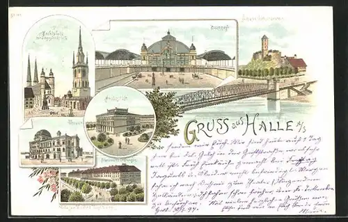 Lithographie Halle a / S., Schloss Giebichenstein, Universität, Bahnhof