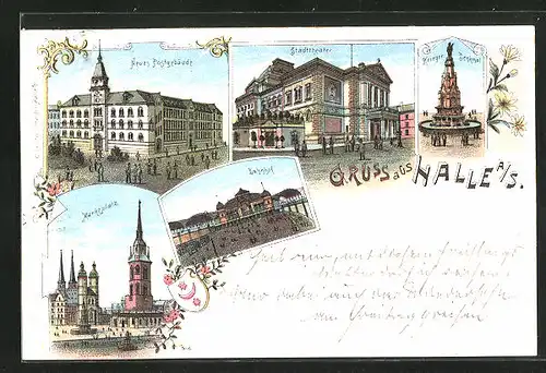 Lithographie Halle a / S., Neues Postgebäude, Stadttheater, Krieger-Denkmal