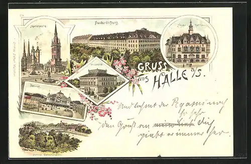 Lithographie Halle a / S., Franke-Stiftung, Universität, Bahnhof